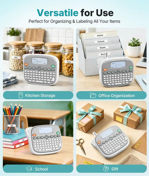 Top Shelf Qwerty Label Maker Featuring Waterproof Build And Portable Slick Design With Type C And Battery Power For Stress Free Home Office Organization Including One White 12mm Core Tape in kitchen, office, school, and gift settings.