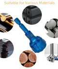 Two Pack External Deburring Chamfer Tool With Carbide Blades And Quick Release Hex Shank Heavy Duty Burr Removal Drill Bit in blue, surrounded by various material types.