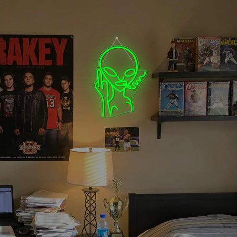 Green Alien LED Neon Sign Wall Decor For Bar Pub Man Cave Game Room Hip Hop Party And Bedroom Aesthetic above a desk setup