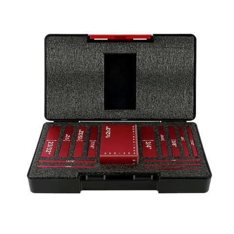 Dead Nuts Accurate Aluminum Height Gauge Block Set Featuring Crisp Etched Inch Measurements For Locking In Router Tables And Table Saws Rock Solid Workshop Essentials Black in a black case with red blocks.