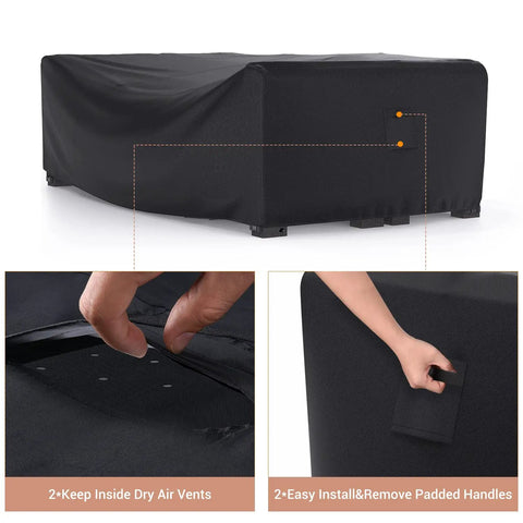 Heavy Duty Waterproof Patio Furniture Cover For Outdoor Sectional Sofa Set And Table And Chair Set 89.7 Inch Long 62.2 Inch Wide 28.3 Inch High Built To Last All Weather Protection For Deck And Patio, black cover with air vents and handles