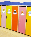 Colorful lockers with 135 Jungle Animal Name Tag Stickers For Kids And Students, featuring cute animal designs.