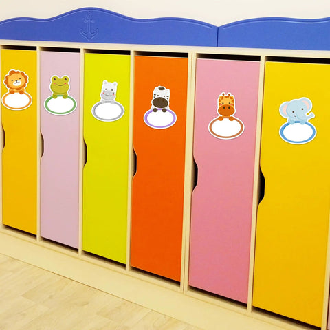 Colorful lockers with 135 Jungle Animal Name Tag Stickers For Kids And Students, featuring cute animal designs.