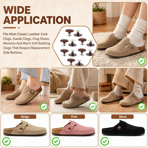 Heavy Duty Zinc Alloy Replacement Rivets For Cork Potato Clogs And Suede Rubber Footwear With Screwdriver displayed with beige, pink, black clogs.