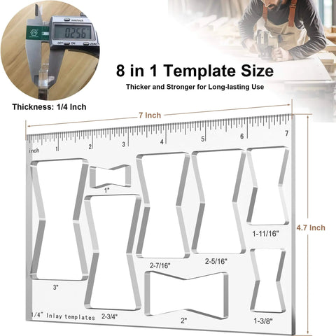 Eight In One Router Template Kit For Woodworking With Bowtie And Butterfly Inlay Jigs, One Quarter Inch Thick Clear Acrylic Router Template Jig, Includes Eight Size Bow Tie Inlay Templates For Precise DIY Friendly Decorative Marquetry
