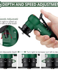 Side view of green EYPINS mini pneumatic chamfering tool with 4-speed dial and 1/4 inch air inlet