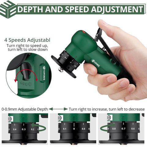 Side view of green EYPINS mini pneumatic chamfering tool with 4-speed dial and 1/4 inch air inlet