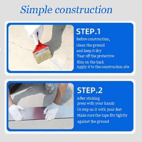 Steps for applying Rock Solid Self Adhesive Waterproof Membrane Roll, showing cleaning and pressing application process.
