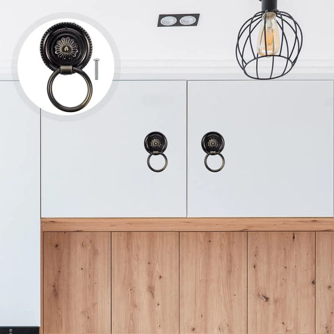 Brass Single Hole Drawer Pull Handle for Cabinets and Doors Vintage Wardrobe Knob installed on white cabinets