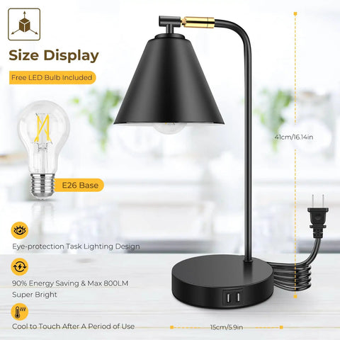 Must Have Dimmable Desk Lamp With 2 USB Ports And AC Outlet, Touch Sensor Nightstand Reading Light, Black Metal Table Lamp
