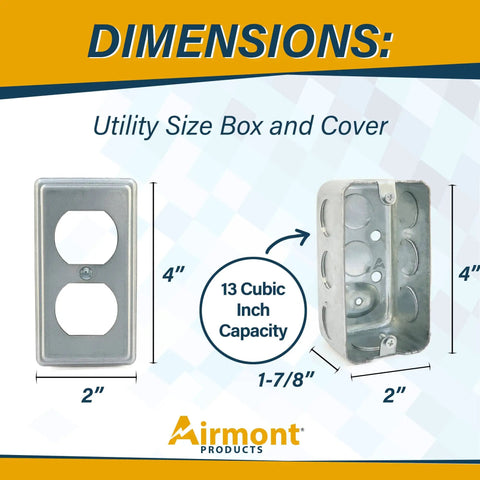 Dimensions of 2x4 Inch Utility Electrical Box Kit With Duplex Receptacle Cover Tamper Resistant 20 Amp Outlet shown.