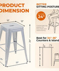 Moonlight Silver Metal Bar Stools Pair, 24 Inch Industrial One Piece Steel Counter Stools dimensions and seating posture guide