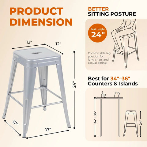 Moonlight Silver Metal Bar Stools Pair, 24 Inch Industrial One Piece Steel Counter Stools dimensions and seating posture guide