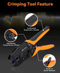 Crimping Tool Feature showing Heavy Duty Wire Crimping Tool For Heat Shrink AWG22 To 10 with ergonomic handle and adjustable wheel.