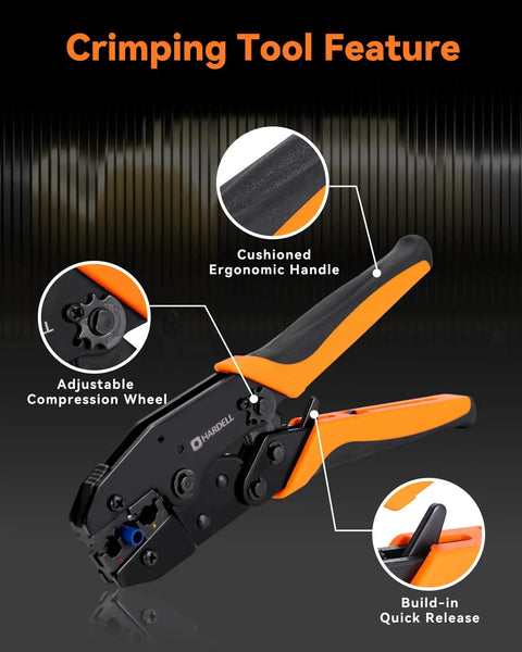 Crimping Tool Feature showing Heavy Duty Wire Crimping Tool For Heat Shrink AWG22 To 10 with ergonomic handle and adjustable wheel.
