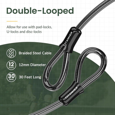 Heavy Duty Vinyl Coated Bike Lock Cable With Braided Steel Core 12mm Thick And Loop Ends, 30ft version shown, ideal for city