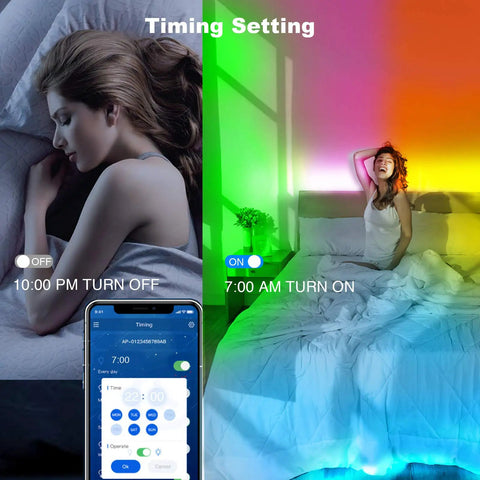 Woman in bed with 32.8 Ft Smart RGB LED Strip Lights For Bedroom With App Control showing timing settings and color change