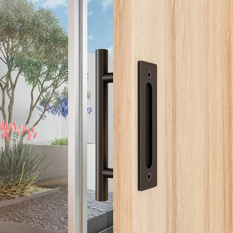 Two Sided 12 Inch Sliding Barn Door Handle Hardware With Round Grip And Flush Pull on wooden door, black stainless steel