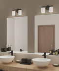Two-Light Vanity Light In Slick Textured Black With Etched White Glass Shades For Over The Mirror Modern Bathroom Fixture