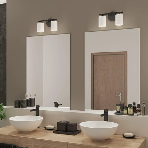 Two-Light Vanity Light In Slick Textured Black With Etched White Glass Shades For Over The Mirror Modern Bathroom Fixture
