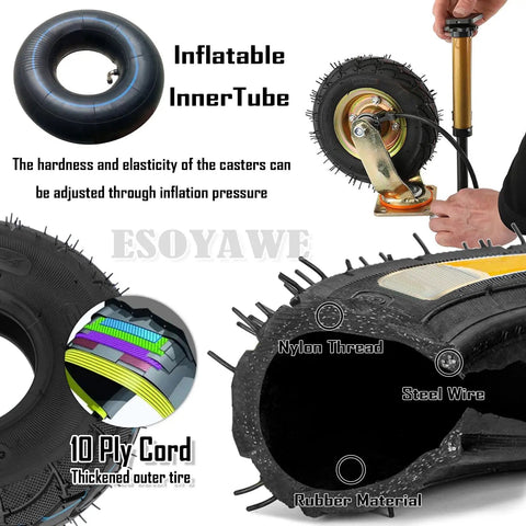 Hella Smooth Heavy Duty Pneumatic Rubber Casters With Dual Brake showing inflatable inner tube construction and features.