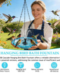 Woman holding USB Powered Cascade Hanging Bird Bath Fountain for Outdoor Gardens Lawns Patios Eaves and Courtyards
