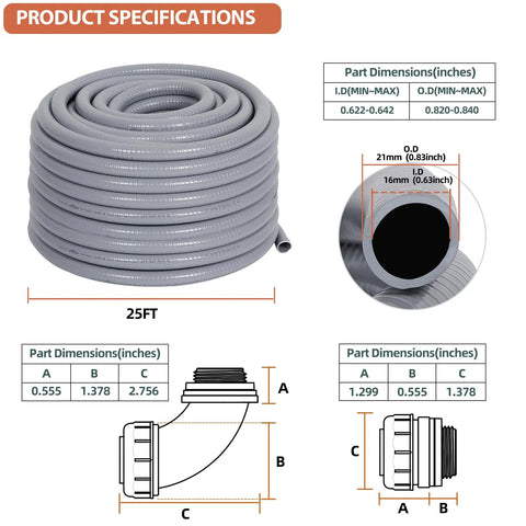 Liquid Tight Conduit And Connector Kit Half Inch Twenty Five Feet Flexible Non Metallic Electrical Conduit With UL Certification diagram