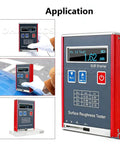 Digital Roughness Tester And Portable Profilometer with 0.01μm Precision LED Display, shown with application examples.