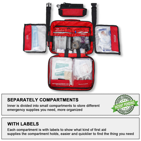 Amazon Poygik premium large 420-piece first aid kit, red and black, opened to show labeled compartments.