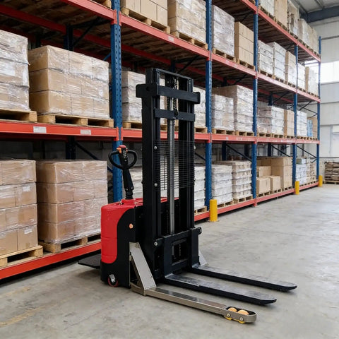 High Capacity Industrial Grade Pallet Stacker With Straddle Legs in warehouse lifting cargo between pallets.