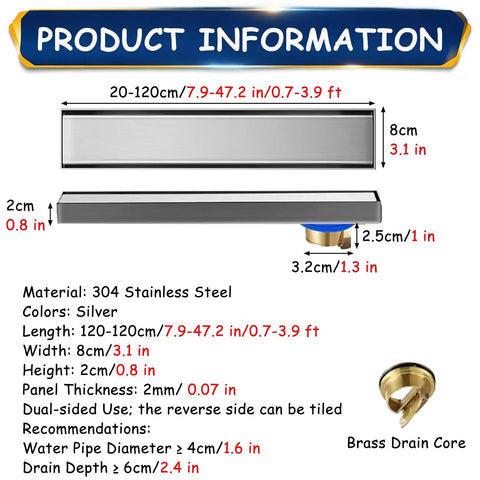 Top Shelf Heavy Duty Linear Shower Drain 47 Inch Trench Floor Fixture With No Fuss Hair Catcher Seamless Tile Inlay Cover And Slick Stainless Steel bathroom fixture dimensions and materials details.