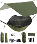 All-In-One Camping Hammock System With Net And Rain Fly, double kit, ripstop nylon, shown with all accessories and setup items.