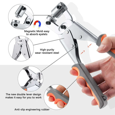One Hand Operation Grommet Kit 3/8 Inch Heavy Duty Handheld Manual Press with ergonomic grip, magnetic mold, and wear-resistant steel components.