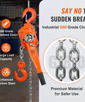 Front view of orange VEVOR manual lever chain hoist with 3 ton (6600 lb) capacity, 20 ft G80 galvanized chain and hook
