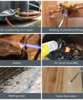 Propane Torch Hose Kit 3.6Ft With MAP Gas Torch in use for various tasks like air conditioning repair and welding plumbing.
