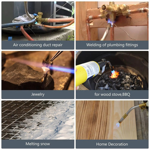 Propane Torch Hose Kit 3.6Ft With MAP Gas Torch in use for various tasks like air conditioning repair and welding plumbing.