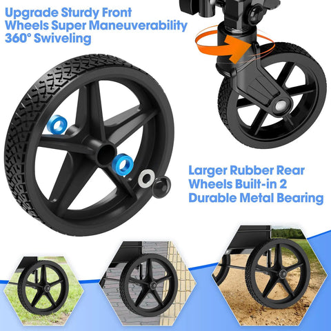 Close-up of wheels from 450 Lbs Capacity Folding Shopping Cart Behemoth On Wheels With Dual Basket And 360 Degree Swivel Wheels