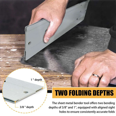 12 Inch Sheet Metal Folding Tool With Dual Depth Gauges One Inch And Three Eighths Inch Depth For HVAC Roofing Projects in use