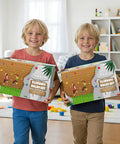Two kids holding boxes of 32 Piece Rock Climbing Holds Set For Kids And Adults in a playroom.