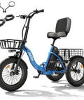 All Day Electric Trike For Adults With 70 Mile Range, 48V 15.6Ah Battery, 1200W Peak Brushless Motor, 18 MPH Top Speed, blue electric trike with basket