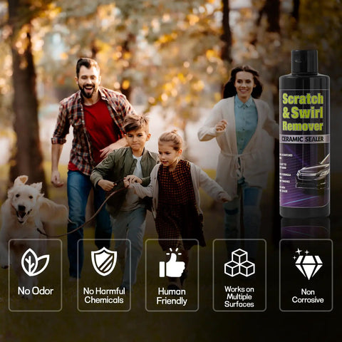 DIY Car Scratch Remover Kit For At Home Paint Repairs No Pro Needed bottle and family with dog in park.