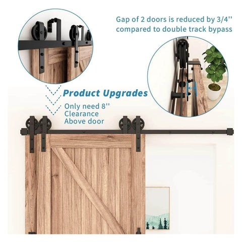 Antique Style Bypass Sliding Wood Barn Door Hardware Kit With Black Top Mounted Tracks And Bearing Rollers For Double Doors