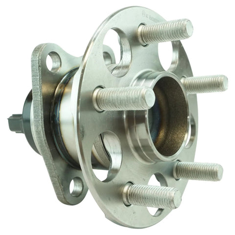 Close-up of rear wheel bearing and hub assembly for Toyota Prius 2010-2015 and Prius Plug-In 2012-2015 direct fit replacement.