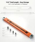 Offset Extension Wrench With Zero Degree Swing For Tight Spaces, 15.4 Inch Length, 53 Ft-Lb Torque, 3/8 Inch Drive Chain Driven Socket Extender, Includes 1/4 Inch, 3/8 Inch, And 1/2 Inch Adapters For Behind Block And Engine Bay Access. 15.4 inch orange wrench with 3/8 drive adapters