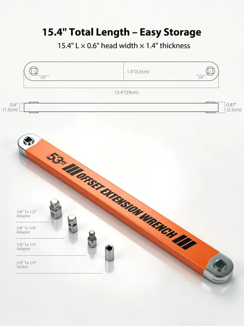Offset Extension Wrench With Zero Degree Swing For Tight Spaces, 15.4 Inch Length, 53 Ft-Lb Torque, 3/8 Inch Drive Chain Driven Socket Extender, Includes 1/4 Inch, 3/8 Inch, And 1/2 Inch Adapters For Behind Block And Engine Bay Access. 15.4 inch orange wrench with 3/8 drive adapters