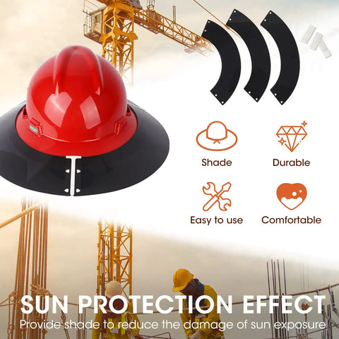 Hard Hat Sun Shade Visor For Outdoor Work, V Gard Full Brim Compatible Hardhat Attachment displayed with features and construction site.