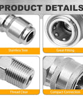 Four close-up views of Two Pack One Quarter Inch NPT Quick Connect Couplers in Stainless Steel for Pressure Washers