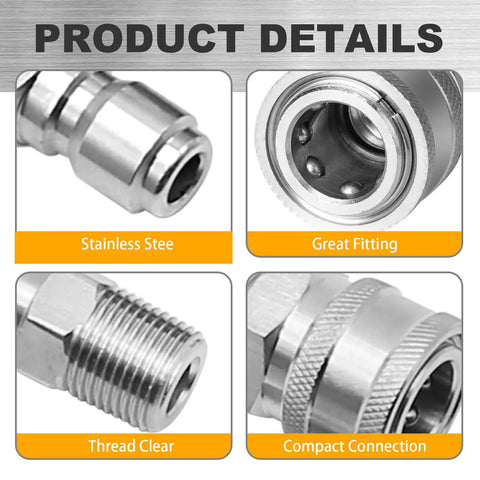 Four close-up views of Two Pack One Quarter Inch NPT Quick Connect Couplers in Stainless Steel for Pressure Washers