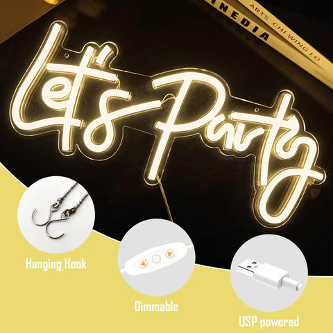 Lets Party Neon Sign Dimmable LED Neon Light For Wall Decor 16x7 Inches Word Sign with hanging hook and USB powered