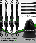 Hella Tough No Hassle Auto Retract Tie Down Straps Heavy Duty Retractable Ratchet Cargo Belt 1 Inch By 10 Feet 4 Pack with hooks and soft loops.